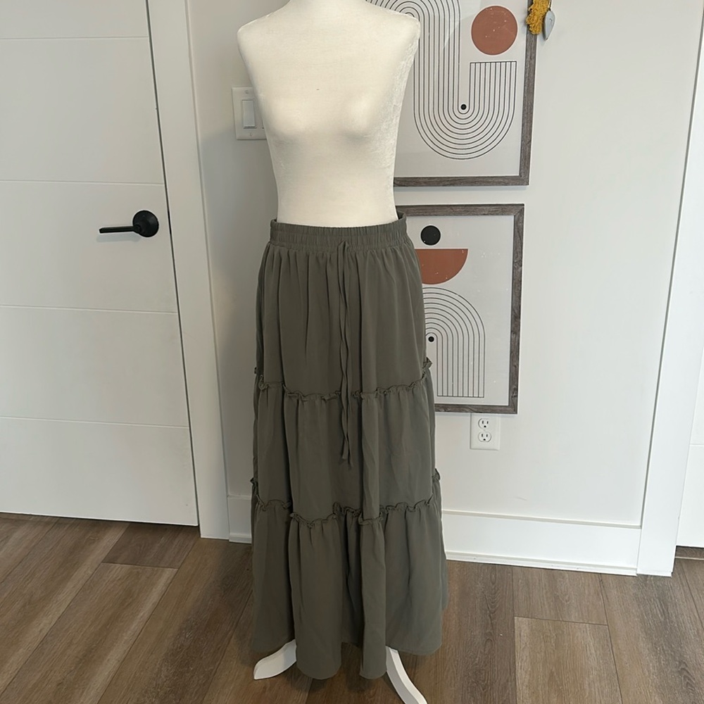 Olive Tiered Maxi Skirt - Women
